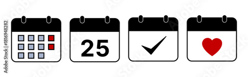 Calendar icons set. Weekly calendar icon with shadow. Outline and flat style. Clock, check mark, date. Calendar symbol for apps and website. Calendar icon difference style - stock vector.