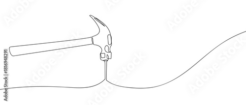 The hammer is driving a nail in one continuous line. one line vector illustration Editable stroke.