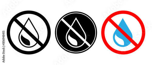 No water icon. Crossed-out water drop fluid restriction vector illustration. Used for leak prevention and moisture control symbol. Common in waterproof zones and dry areas sign. Hydration ban.