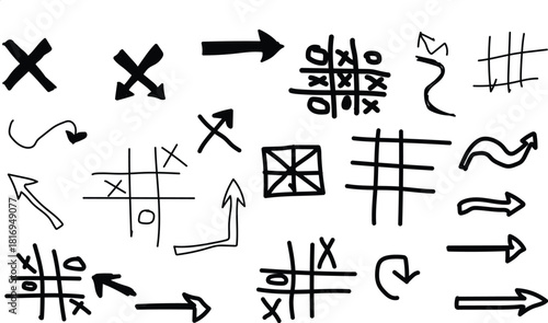 Doodle arrows and tic tac toe symbols