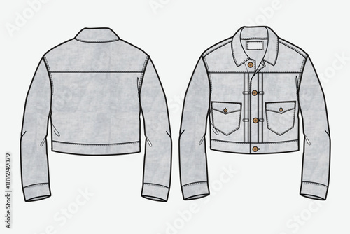 Cropped jeans jackets technical flat sketch vector mockup illustration.