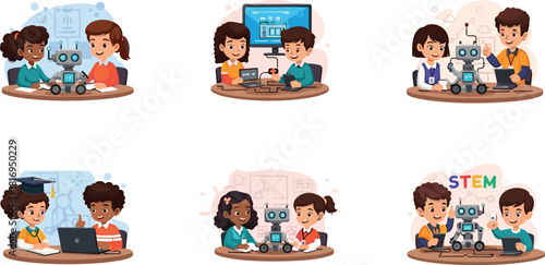 Kids collaborating on robotics and STEM projects, learning technology, coding, engineering, teamwork, creativity, innovation, school education activities illustrated