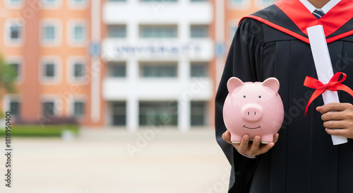 Graduate Holding a Piggy Bank and Diploma representing Financial Investment in Education and Future Career Success Concept Background