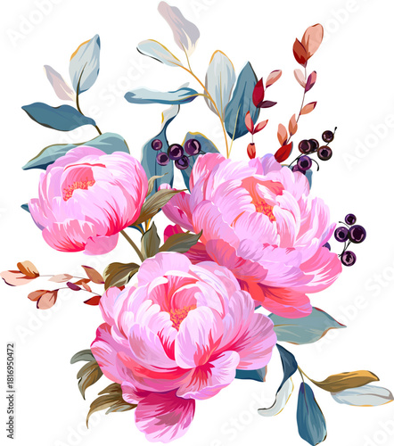 Beautiful vector bouquet flowers. Summer flower peony, forget-me-nots. Pink, bright flowers