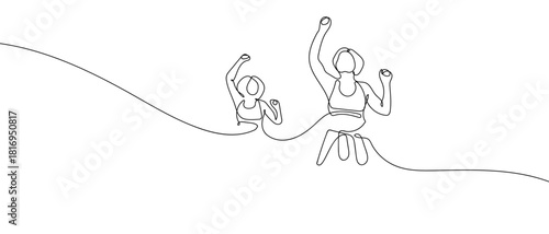 Two women doing aerobics in one continuous line. one line vector illustration Editable stroke.