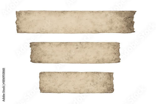 Aged paper parchment strips with rough edges and distressed texture, creating vintage blank labels on transparent background