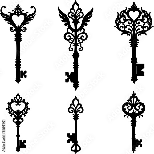 Vintage Ornamental Key & Lock Silhouette Set