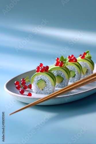 A platter of sushi featuring cucumber, avocado, and cranberries served with chopsticks