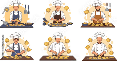 Chef preparing homemade ravioli, professional cook making pasta, culinary craftsmanship, handmade dumplings, kitchen workspace, traditional cooking process, chef food preparation scene