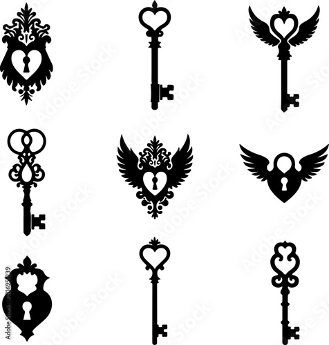 Vintage Ornamental Key & Lock Silhouette Set