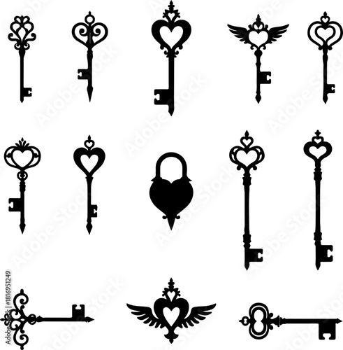 Vintage Ornamental Key & Lock Silhouette Set