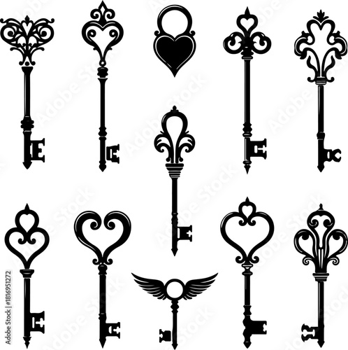Vintage Ornamental Key & Lock Silhouette Set