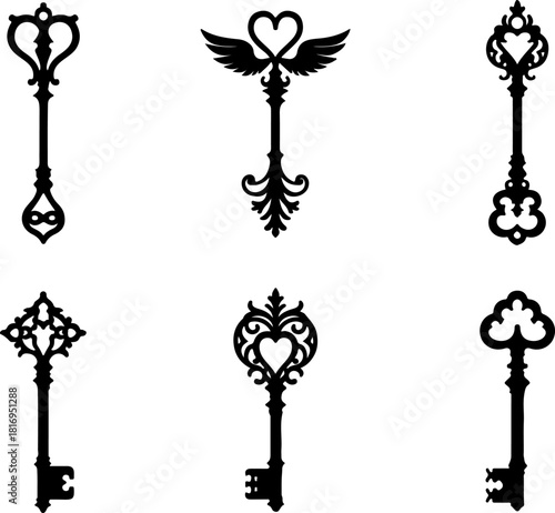 Vintage Ornamental Key & Lock Silhouette Set