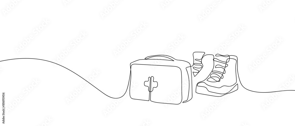 Obraz premium First aid kit and hiking boots in one continuous line one line vector illustration Editable stroke.