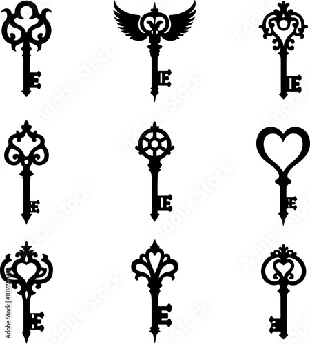 Vintage Ornamental Key & Lock Silhouette Set