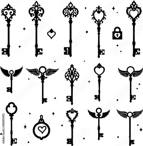 Vintage Ornamental Key & Lock Silhouette Set