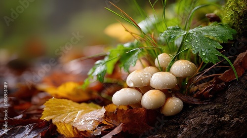   A cluster of mushrooms perched atop a leaf-littered, verdant forest floor