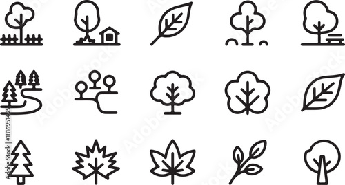 Collection of nature icons depicting trees, leaves, forest, and parks is presented beautifully