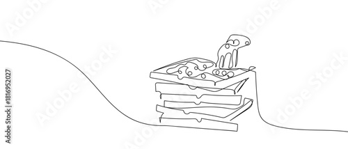 Pizzas in boxes stacked in one continuous line. one line vector illustration Editable stroke.