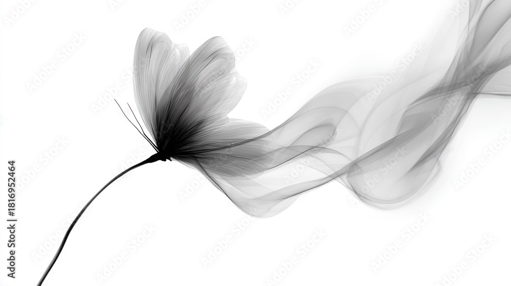 Obraz premium A grayscale image of a bloom with wisps emanating from its petals on a pristine backdrop