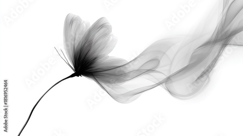   A grayscale image of a bloom with wisps emanating from its petals on a pristine backdrop