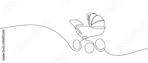 Baby stroller in one continuous line one line vector illustration Editable stroke.