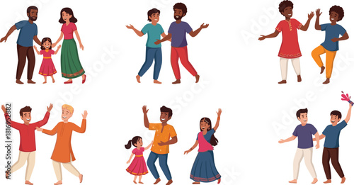 Colorful illustration of diverse families and friends celebrating together, dancing happily, enjoying festive moments, cultural traditions, joy, unity, and togetherness.