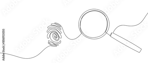 A magnifying glass is looking at a fingerprint in one continuous line. one line vector illustartion Editable stroke.