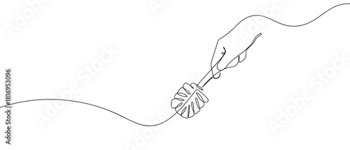 Hand holding a cleaning brush in one continuous line. one line vector illustartion Editable stroke.