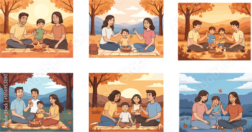 Happy family picnic in autumn park, parents and children enjoying outdoor meal together during fall season with warm sunlight and nature