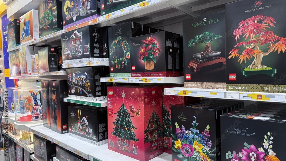 Obraz premium Wroclaw, Poland - October 24, 2025: Colorful LEGO building kits displayed on store shelves for holiday season