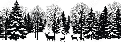 Black and silhouette illustration of deer in a snowy winter forest landscape