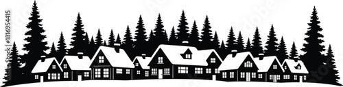 Black and silhouette of a cozy winter village nestled among tall pine tree forest