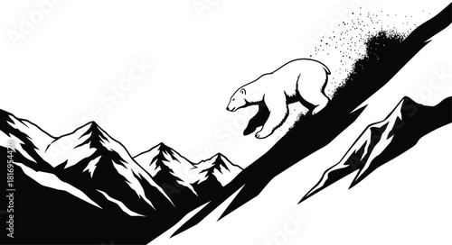 Black and illustration of a polar bear walking down a steep, snowy mountain slope with jagged peaks in