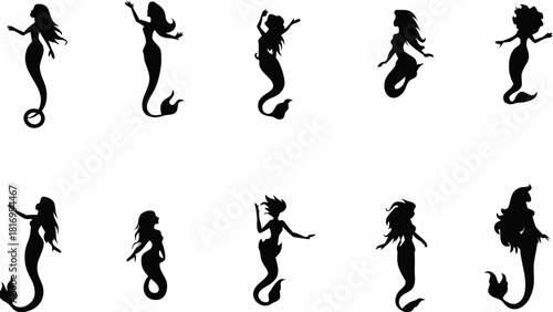 Enchanting mermaid silhouettes swimming gracefully, perfect for fantasy designs, children's illustrations, or nautical themes, originally a scalable vector graphic