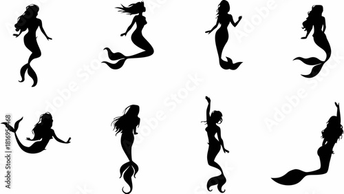 Magical mermaid silhouettes swimming gracefully, perfect for fantasy designs, fairytale themes, or enchanting creative projects evoking wonder and imagination