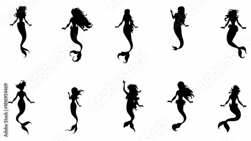 Enchanting mermaid silhouette collection, perfect for fantasy designs, storybook illustrations, and magical themed projects, bringing a touch of whimsical charm