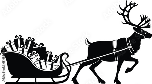 Black silhouette of a reindeer pulling a sleigh full of wrapped christmas gift box
