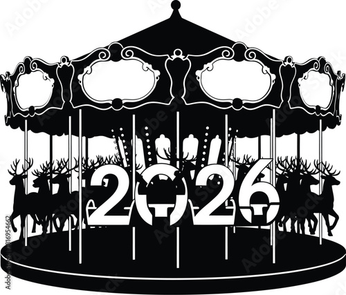 Black silhouette of a merrygoround carousel featuring reindeer figures and year 2026
