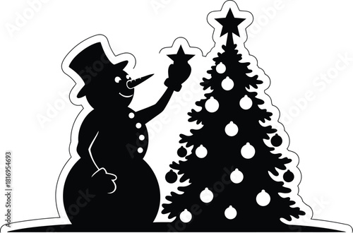 Black silhouette of a snowman wearing a top hat placing a star top of a decorated christmas tree