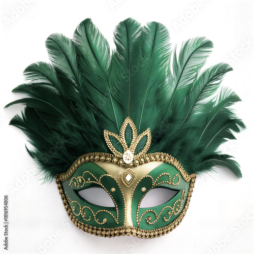 carnival eye mask made of green silk with gold embroidery and rhinestones and with green feathers.