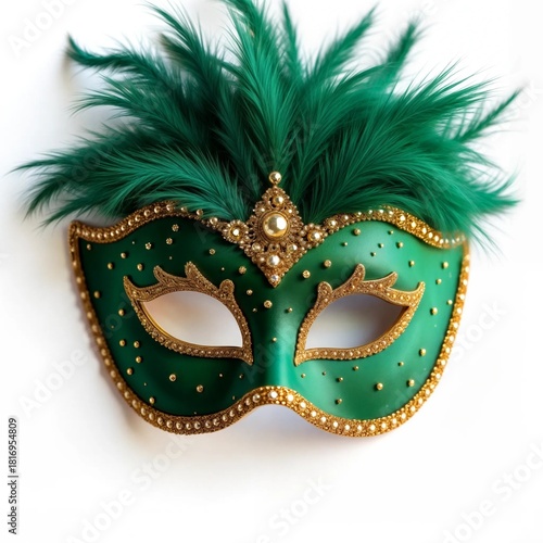 Carnival green eye mask with gold border and gold embroidery and green feathers on a white background