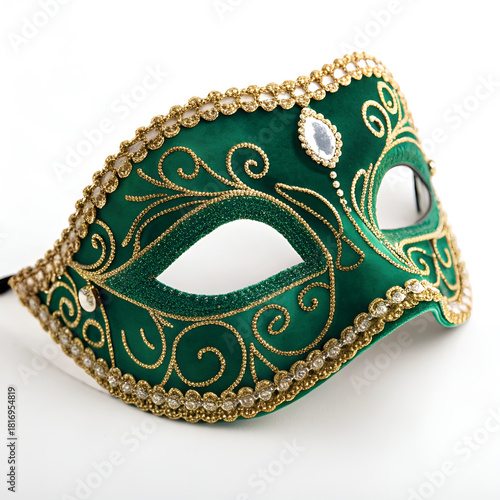 Carnival green eye mask with gold border and gold embroidery on a white background