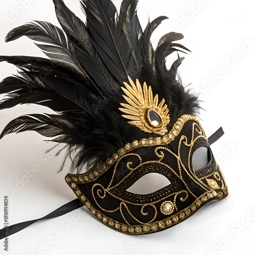 Carnival eye mask made of black velvet with black feathers and gold embroidery.