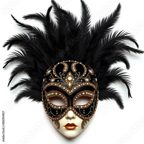 Full-face carnival mask made of black velvet with black feathers and gold embroidery on a white background