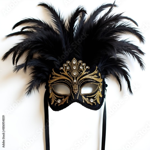 Carnival eye mask made of black velvet with black feathers and gold embroidery on a white background