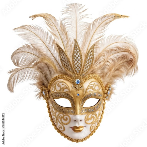 Venetian white full-face mask with gold pattern and white feathers and braid around the edge on a white background