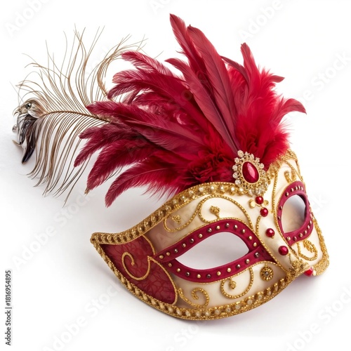 Golden carnival eye mask with red feathers and a red border around the eyes on a white background