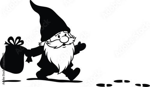 Black and silhouette illustration of a happy gnome walking and carrying a gift bag