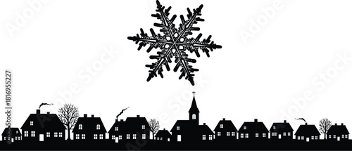 Black and silhouette of a small town or village under a large, detailed snowflake